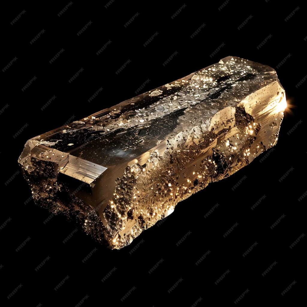 cesium ore with elongated prismatic form silvery gold color earth material isolated black bg 655090 2447927 4122554955